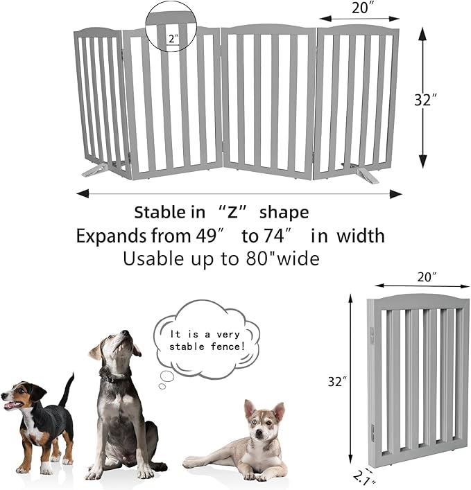 Freestanding Dog Gate Indoor,Doggie Gate Foldable Pet Gates for Doorways,Stairs or Hallways, Wooden Grey Pet Gate for The House, Pet Fence with Support Feet Included,32 "Height-4 Panels