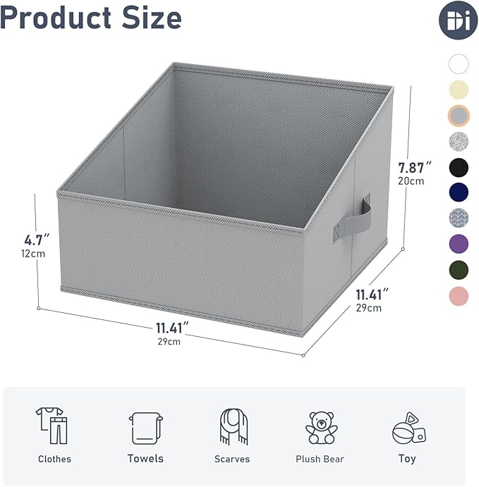 DIMJ Storage Bins for Closet, Trapezoid Storage Bins with Front Handle, Fabric Storage Baskets for Shelves, Line Closet Organizers for Toys, Boooks, Clothes, 6 Packs (Grey)