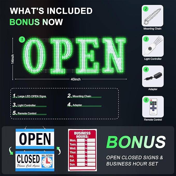 Open Sign for Business Super Bright LED Flashing Open Signs 40x14 Inch Large Light Up Open Sign with Remote Control, Hanging Installation for Storefront Window Door (Flash Green& White)
