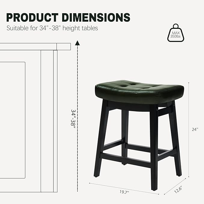 Counter Height Bar Stool for Kitchen Counter Modern Backless Barstool with Upholstered Faux Leather Seat and Solid Wood Leg Farmhouse 24 inch Bar Chair, Green + Black, 1pc