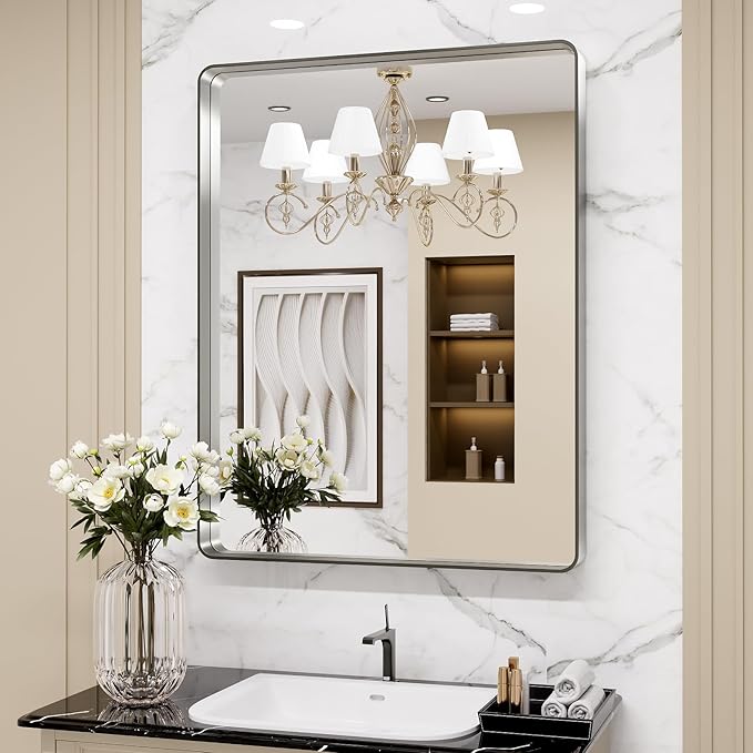 LOAAO 22X30 Inch Brushed Nickel Bathroom Mirror, Rounded Rectangle Silver Metal Frame Mirror, Brushed Nickel, Anti-Rust, Hangs Horizontally or Vertically