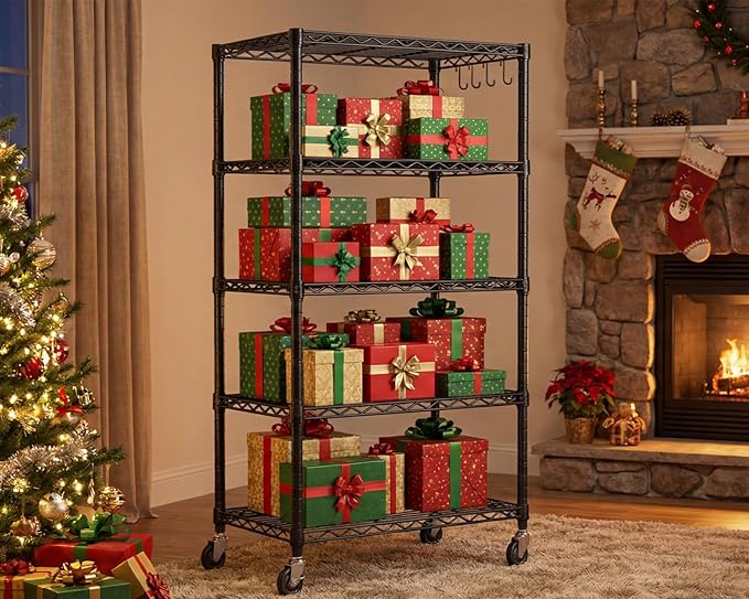 PrimeZone Wire Shelving Unit with Wheels, 5 Tier Adjustable NSF Certified Heavy Duty Metal Storage Shelves, Pantry Organizer Rack Rolling Kitchen Shelf for Closet, 24" W x 18" D x 75" H, Black, 2 PCS