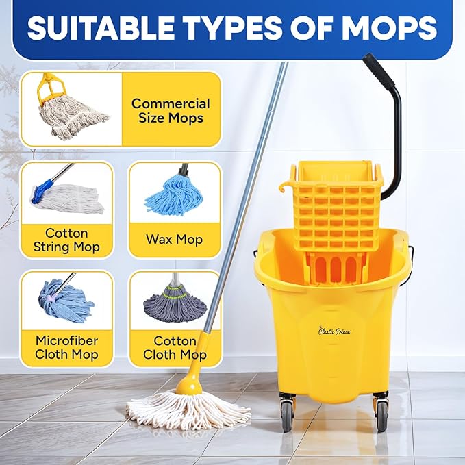 Commercial Mop Bucket with Wringer on Wheels, Heavy Duty Industrial Mop Bucket and Wringer Separate Dirty Water for Home Office Restaurant Business, 26 Quart - Yellow