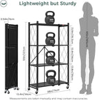 DEANIC 4 Tier Foldable Storage Shelves with Wheels, Large Capacity Shelving Unit, Freestanding Metal Wire Shelf Rack, No Assembly Organizer Rack for Garage Kitchen, Basement, Pantry(Black)