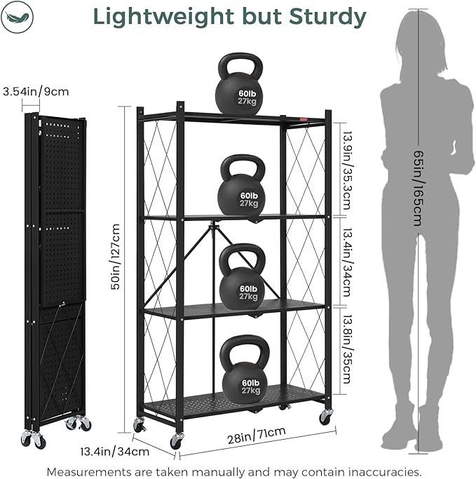 DEANIC 4 Tier Foldable Storage Shelves with Wheels, Large Capacity Shelving Unit, Freestanding Metal Wire Shelf Rack, No Assembly Organizer Rack for Garage Kitchen, Basement, Pantry(Black Pack of 2)