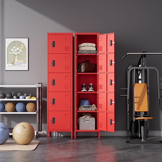 Aobabo 16" W 5 Door Metal Storage Locker with Lock, 66" H Steel Locker with Name Card Holder and Metal Leg for School, Home, Office, Playroom, Assembly Required, Red