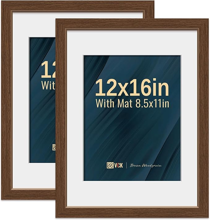VCK 12x16 Picture Frame 2 Pack - Brown, High-End Wood Poster Frames with Tempered Glass, Display 8.5x11 Photo with Mat or 12x16 without Mat, Art Gallery-Quality, Wall Hanging, Brown