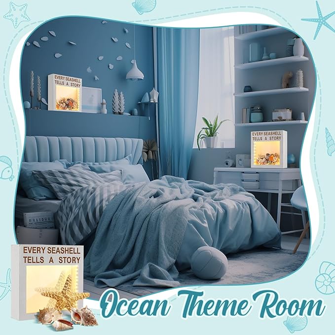 Juexica Seashell Holder with Light Display Box Room Decor Ocean Themed Gifts for Christmas Display Case Sea Shells Beach Coastal Decor Acrylic Wall Hanging(White,Seashell)