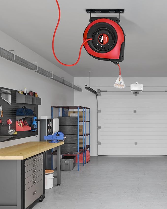 Retractable Extension Cord Reel, 75 FT Heavy Duty Extension Cord, 14AWG/3C SJTOW, 3 Grounded Outlets Lighted Triple Tap, 10A Circuit Breaker, Wall/Ceiling Mounted, UL Listed, Red R75CR06
