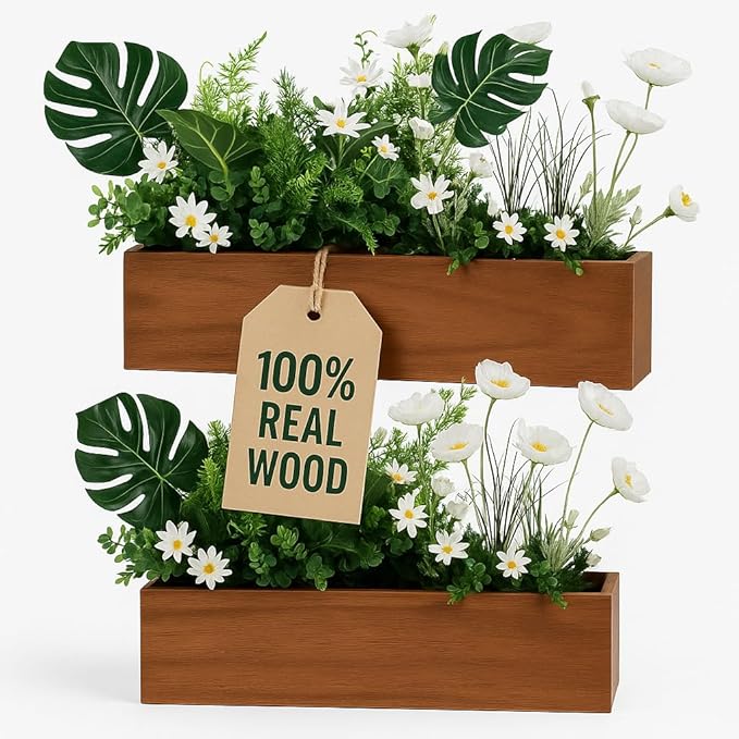 zaqro Wood Planter Box Set of 2 – Real Acacia Planter Boxes with Removable Soft Plastic Cut to fit Liners – Long Rectangular Indoor - Window Planter Box for Herbs, Flowers, Succulents