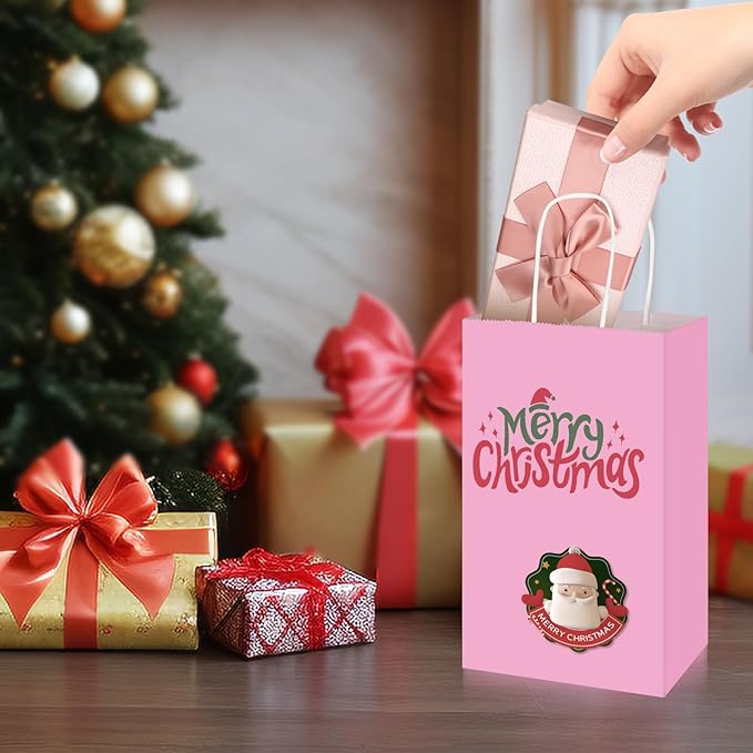 Toovip 100 Pack 5.25x3.25x8.25 Inch Small Light Pink Kraft Paper Bags with Handles Bulk, Gift Wrap Bags for Favor Grocery Retail Party Birthday Shopping Business Goody Craft Merchandise Take Out Sacks