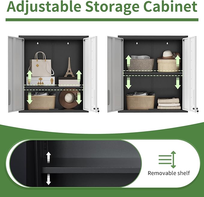 Garage Wall Cabinet Metal Storage Cabinet with Lock Wall Mounted Heavy Duty Steel Tool Cabinet with 2 Doors Hanging Cabinet for Garage Warehouse Bathroom Kitchen,Assembly Required