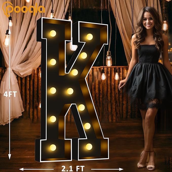 Pooqla 4 FT Marquee Light Up Letters, Black Marquee Letter Lights 4 Feet Tall, Giant Letter Sign Big Mosaic Letters for Balloons Birthday Party Anniversary Wedding Decorations, Warm White Letter K