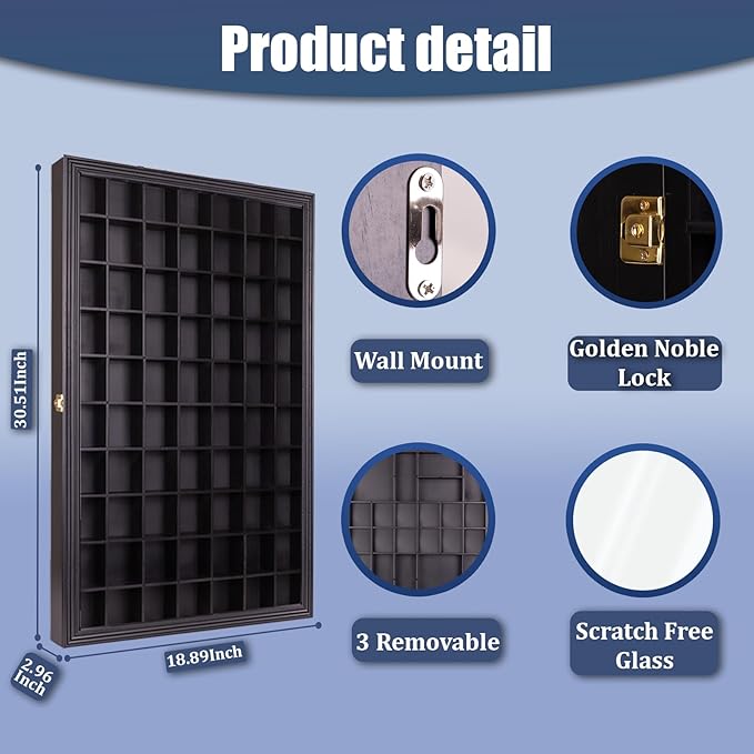 Removable Giant Shot Glass Display Case,30.5 * 19 Inches,70 Slots,Removable Shelves,Fit for Lots of Sizes Shot Glasses,Wall Mount,Gold Lock,with UV Protection Acrylic Glass Door
