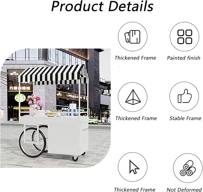 Food Cart for Business with Striped Canopy, Mobile Display Stand with Storage Drawers, for Street Food, Farmers Markets, Outdoor Events (White, 39.37 * 27.56 * 78.74in)