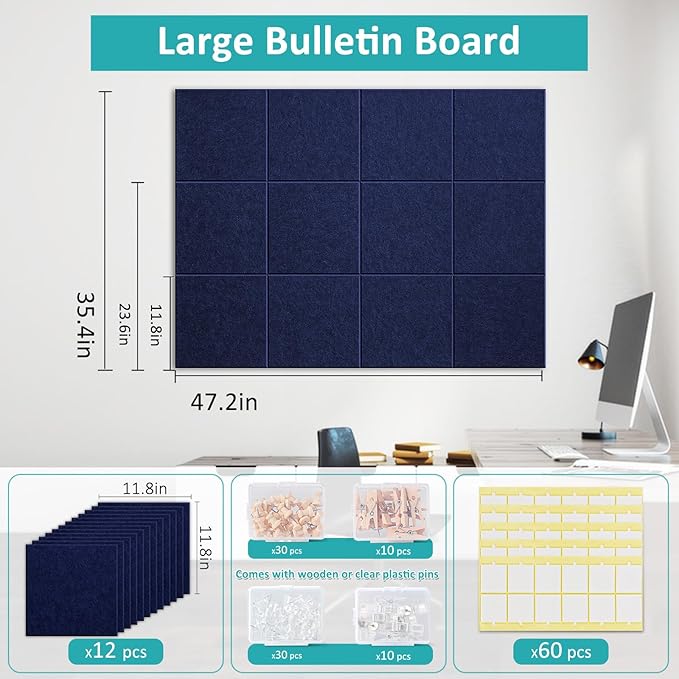 Large Cork Board 48" x 36" - Blue Bulletin Board for Walls - 12 Pack Felt Wall Tiles with 60 Pcs Safe Removable Adhesive Tabs & 40 Pcs Pushpins - for Office, School & Dart Wall Protector - Navy Blue