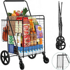 YITAHOME Folding Shopping Cart with Wheels, Rolling Foldable Grocery Cart with Versatile Rear Basket, Portable Collapsible Utility Cart for Shopping Groceries Laundry Storage Organizer