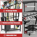 Garden Tool Organizer, 3-Tier Metal Yard Tool Rack with 14 Hooks & 5 Slots, Holds 50+ Rakes/Shovels/Brooms, Heavy Duty Freestanding Lawn Tool Storage for Garage Shed Outdoor Organization