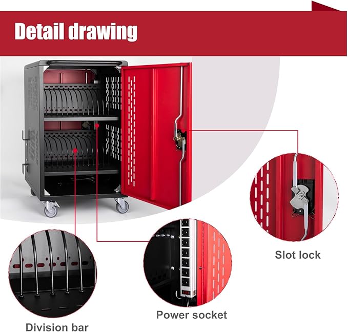 32 Bay Mobile School Charging Cart Station, Black Cart for Chromebook/Tablet/Laptop, with Power Strip, Lockable Doors, 2 Locking Casters & Ventilated Panels, 20" W×20" D×34.06" H