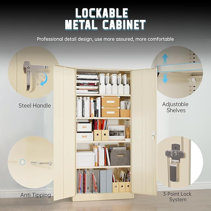 Superday Metal Storage Cabinet with Lock, 72" H Garage Storage Cabinet with Doors and 4 Adjustable Shelves,Putty Steel Locking Cabinets for Office, Home, Garage, Gym, School