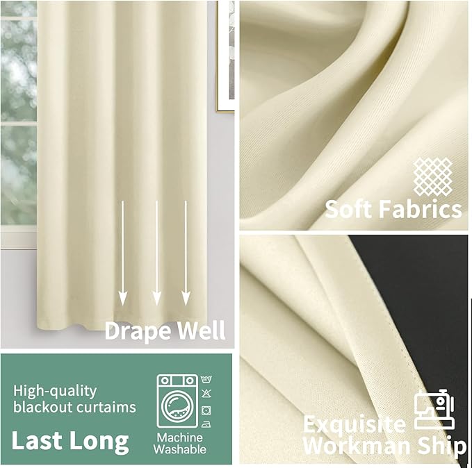 Cream Blackout Curtains for Bedroom 63 Inch Length 2 Panels Set, 100% Light Blocking Thermal Insulated Soundproof Grommet Curtains with Thick Black Liner for Narrow Window, Each 38 Inch Wide