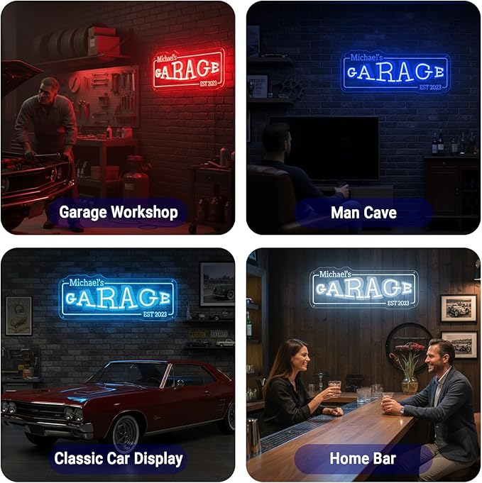 Custom Garage Neon Sign, Personalized LED Garage Decor for Men, Custom Name Light for Man Cave, Auto Repair Shop, Workshop & Mens Room Decor, Christmas Gifts for Dad, Gifts for Car Guy