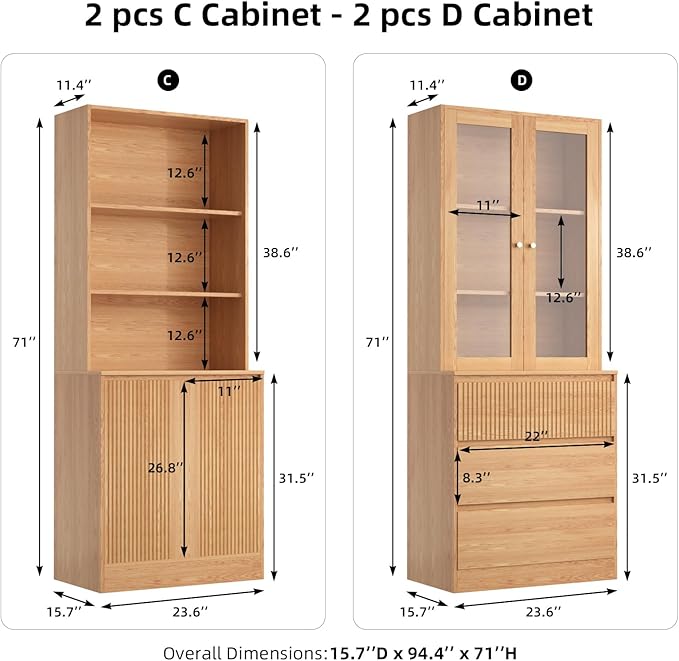 TUSY 71'' Freestanding Tall Storage Cabinet, 5 Tier Wood Bookcase with 3 Drawers and 2 Tempered Glass Doors, Large Floor Cabinet, Combination Storage Shelves for Living Room, Home Office (DCCD)