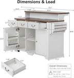 Rolling Kitchen Island with Two-Tier Bar Counter and Power Outlets, 3 Drawers & 4 Door Shelves, Mobile Kitchen Cart with Storage Cabinets & Locking Wheels for Dining Room & Kitchen, 53-Inch, White