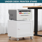 Small Printer Stand with Storage, Home Office Printer Table for Small Spaces, Under-Desk 3D Printer Stand with Wheels, for Office Copier and Fax Machine, White