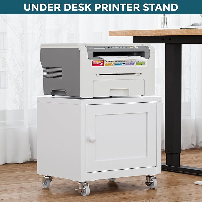 Small Printer Stand with Storage, Home Office Printer Table for Small Spaces, Under-Desk 3D Printer Stand with Wheels, for Office Copier and Fax Machine, White