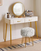 IBUYKE Round Faux Fur Vanity Stool with Storage, Furry Makeup Chair Ottoman, Soft Padded Seat, Round Footrest Footstools with 4 Metal Legs, for Living Room Bedroom Entryway, Gray WBD021G