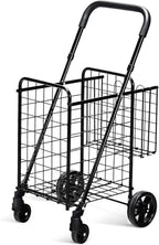 Goplus Folding Shopping Utility Cart, Double Basket and 360° Swivel Wheels, Adjustable Handle, Small Cart Perfect for Grocery Laundry Book Luggage Travel