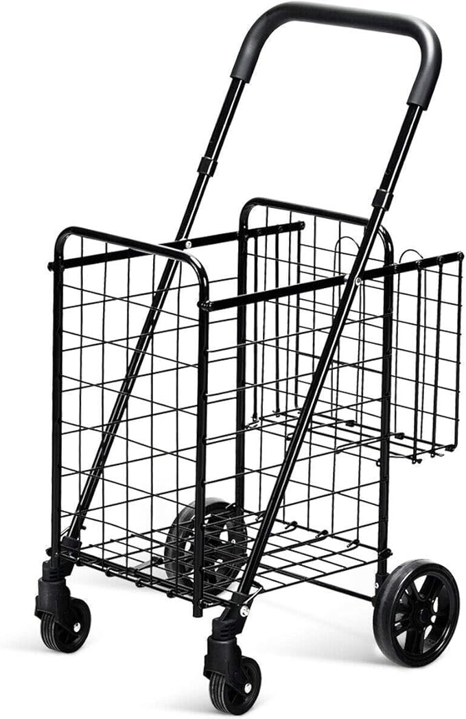 Goplus Folding Shopping Utility Cart, Double Basket and 360° Swivel Wheels, Adjustable Handle, Small Cart Perfect for Grocery Laundry Book Luggage Travel