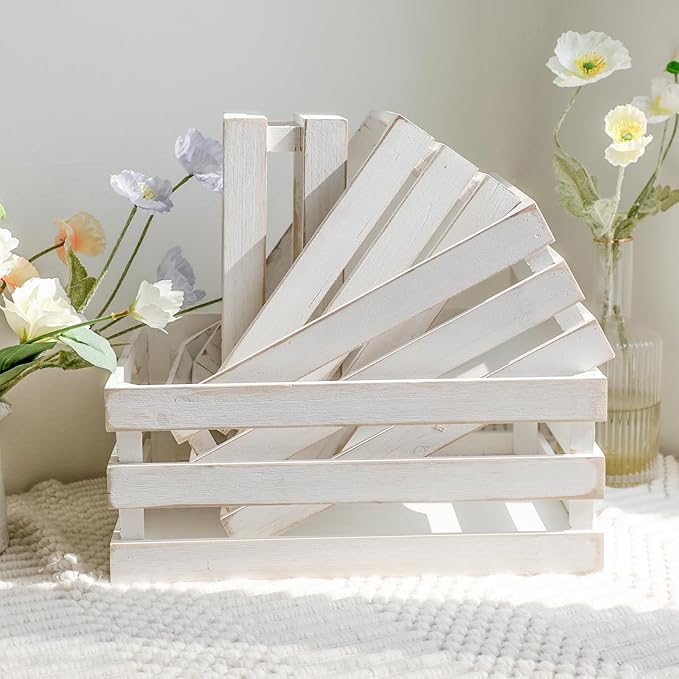 Large Wooden Crates Set of 4 Decorative Storage Box with Handles, Rustic Whitewashed Farmhouse Wooden Crates for Display, Living Room Container Baskets Box for Kitchen, Pantry, Bedroom