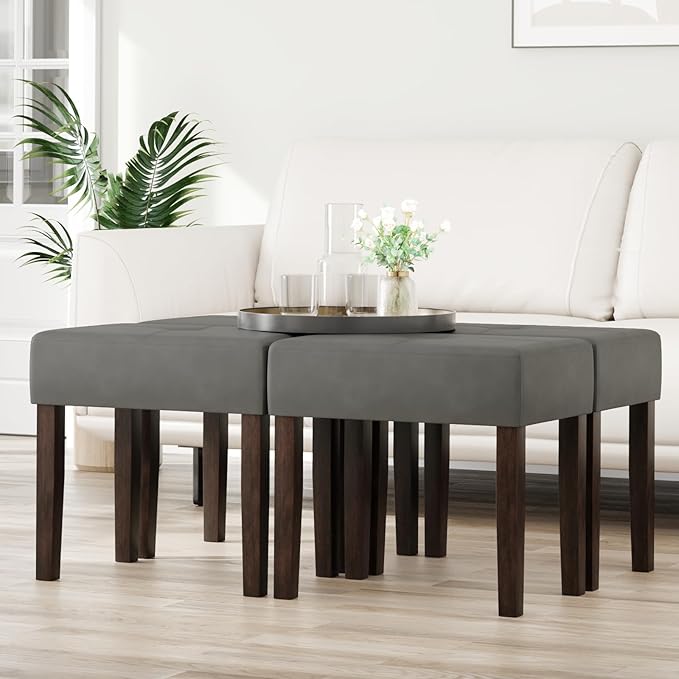 Leather Vanity Stool, 18.7 Inch Wide Rectangle Ottoman Bench for Makeup Room, Vanity Chair with Wood Legs for Piano Room, Bedroom,Living Room with Customizable (Gray)