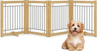 Wire Dog Gate Solid Wood Frame, Anti-Chewing, 4-Panel, 24" Height, 80" Width, Indoor Freestanding Pet Gate Foldable Wooden Dog Fences for Stairs, House, Doorway, Oak Color