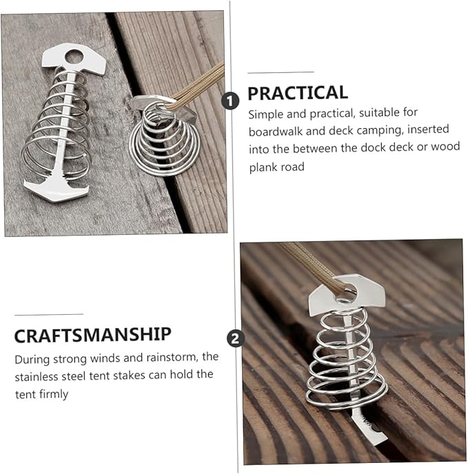 POPETPOP 2pcs Fish Bone Tent Pegs Stainless Steel Spring Hook Lightweight Ground Nails for Camping Hiking Outdoor Tent Accessories Small