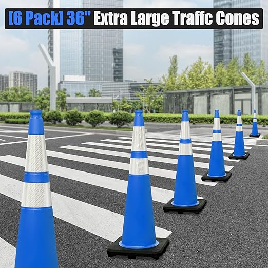 6 Pack 36" Large-Sized PVC Traffic Cones with Heavy-Duty Black Base, Garage Parking Lot Cones Structurally Stable Weatherproof Road Construction Safety Cones (6, Blue, 36" Extra Large)