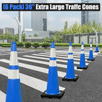 6 Pack 36" Large-Sized PVC Traffic Cones with Heavy-Duty Black Base, Garage Parking Lot Cones Structurally Stable Weatherproof Road Construction Safety Cones (6, Blue, 36" Extra Large)