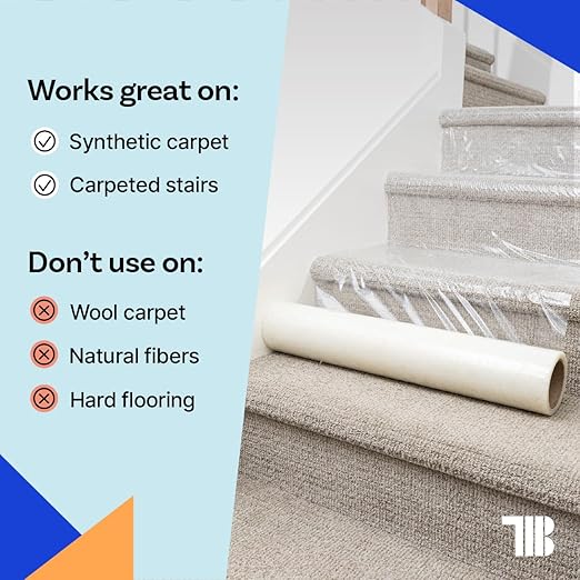 TapeManBlue Carpet Protection Film, 48 inch x 500 feet, Made in The USA, Strong and Durable Self-Adhesive Plastic Carpet Protector with Easy Unwind and Clean Removal