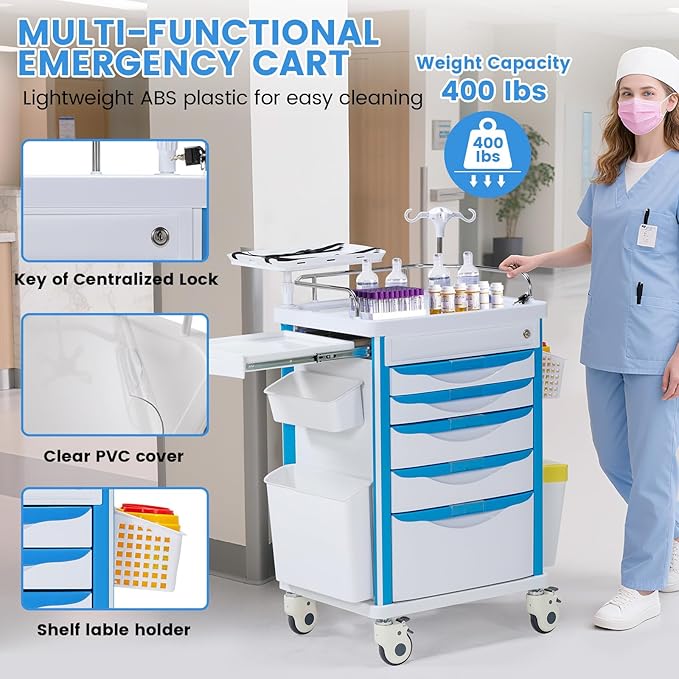 5-Tier Medical Cart, Hospital Emergency Rolling Crash Carts with Adjustable IV Pole, Silent Casters, Trash Bin & O2 Holder, Needle Disposal Holder - Ideal Nursing Trolley for Clinics, Hospitals