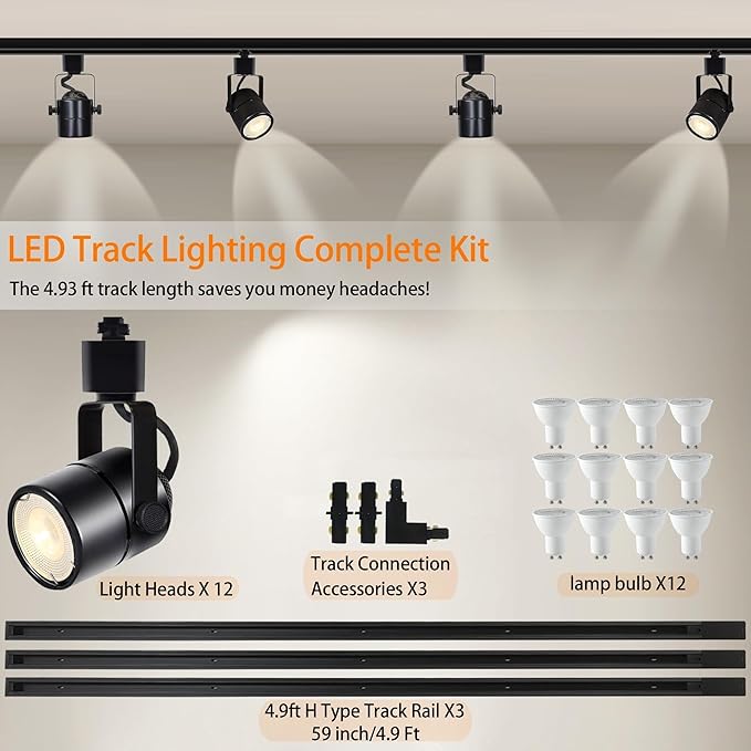 GU10 LED Black Track Lighting Complete Kit 6000K Natural White, Dimmable H Type 14.76ft Track Rails, 12 Packs GU10 LED Bulbs Ceiling Spotlight Fixture, an Cost-Effective Lighting Solution