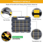 Andalus Tools Organizer Box, Small Parts Storage 34-Compartment Double-Sided Portable Hardware Organizer Removable Plastic Dividers for Screws, Nuts, Bolts, Nails – Yellow (2 Pack, 12.5" x 10.5" x 3")