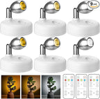 Hortsun 6 Pcs Mini Battery Operated Spotlights with 3 Remote Indoor Plant Wireless LED Spot Lights Rotatable Dimmable Accent Picture Lights for Wall Artwork Painting Display(White)