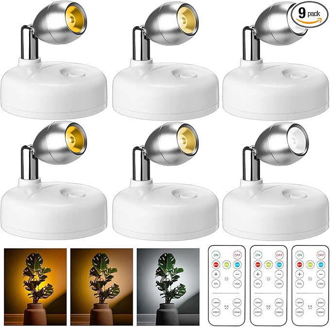 Hortsun 6 Pcs Mini Battery Operated Spotlights with 3 Remote Indoor Plant Wireless LED Spot Lights Rotatable Dimmable Accent Picture Lights for Wall Artwork Painting Display(White)
