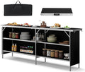COSTWAY 81" Folding Picnic Table, Portable Bar Table with Carry Bag, Lightweight Aluminum Food Prep Station with 2 Shelves, Quick Set-up, BBQ, Party, Backyard, Black