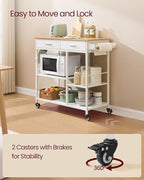 VASAGLE Kitchen Rolling Island, Mobile Kitchen Cart with Storage on Wheels, 17.7 x 38.8 x 35.4 Inches, Towel Rack, 2 Drawers, 2 Hooks, for Dining Room, Oak Beige and Matte White UKKI010Y01