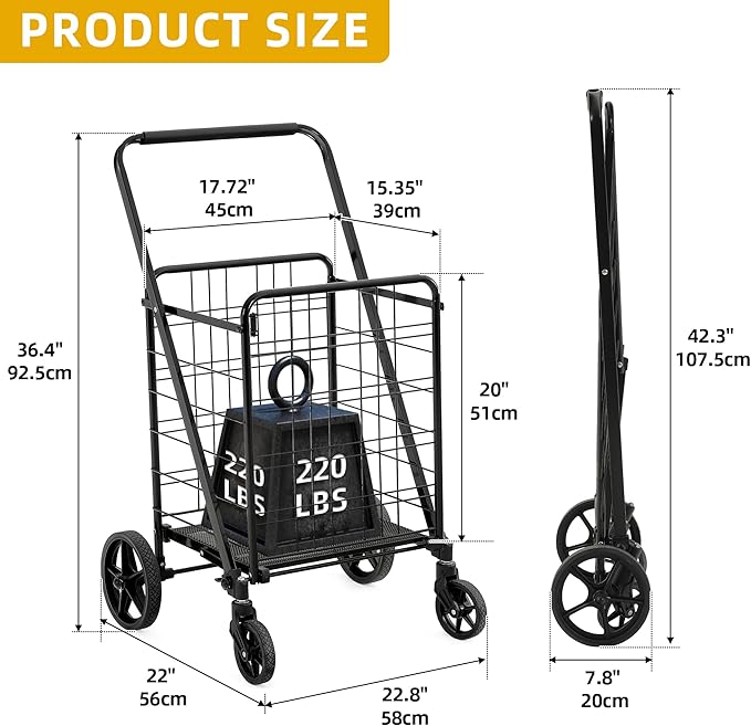 DWVO Utility Foldable Shopping Cart with Wheels, Large Portable Collapsible Rolling Grocery Cart with Reinforced Mesh Bottom for Laundry, Grocery, Luggage, Storage and Seniors, 220 lbs Capacity, Black