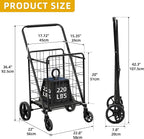 DWVO Utility Foldable Shopping Cart with Wheels, Large Portable Collapsible Rolling Grocery Cart with Reinforced Mesh Bottom for Laundry, Grocery, Luggage, Storage and Seniors, 220 lbs Capacity, Black
