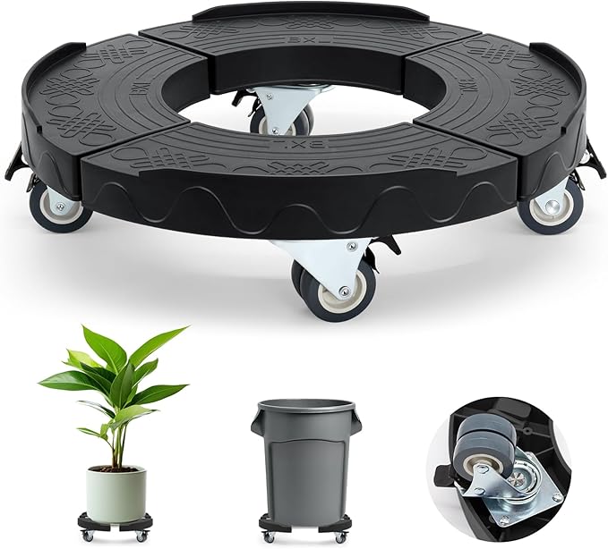 Trash Can Dolly Wheels, Adjustable 15-19 Inch Round Roller with Locking Wheels 440 LBS Heavy Duty Drum Cart Multi Function Rolling Dollies Stand Plant Caddy, Black